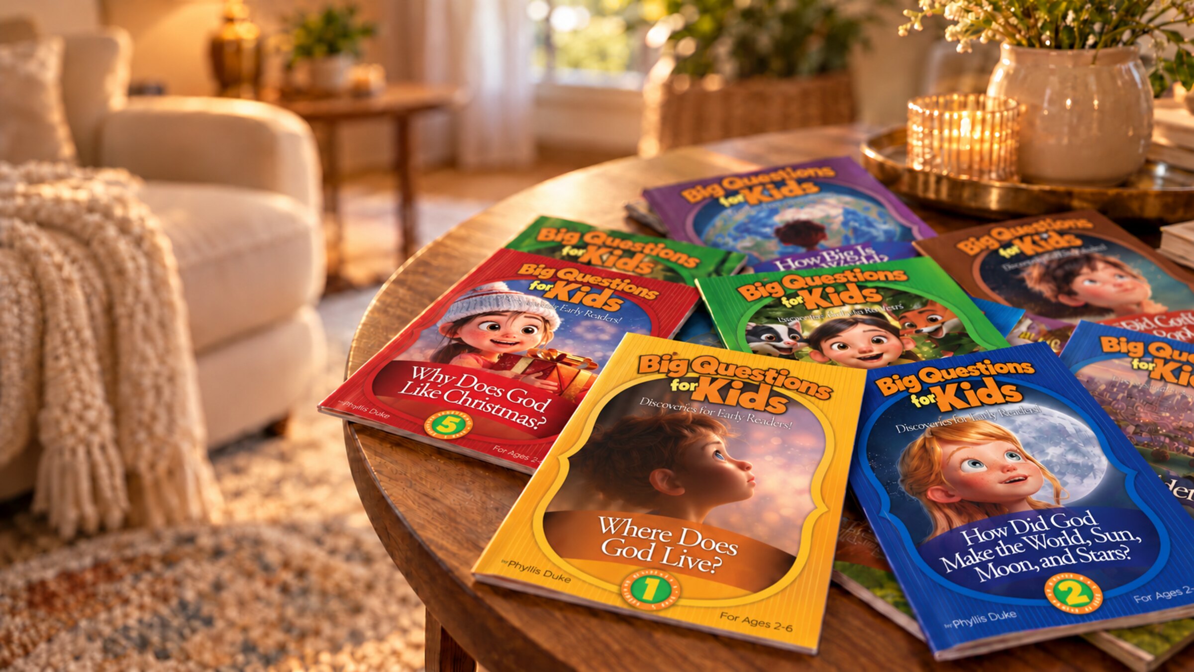 Big Questions books spread across a wooden coffee table in a warm, sunlit living room